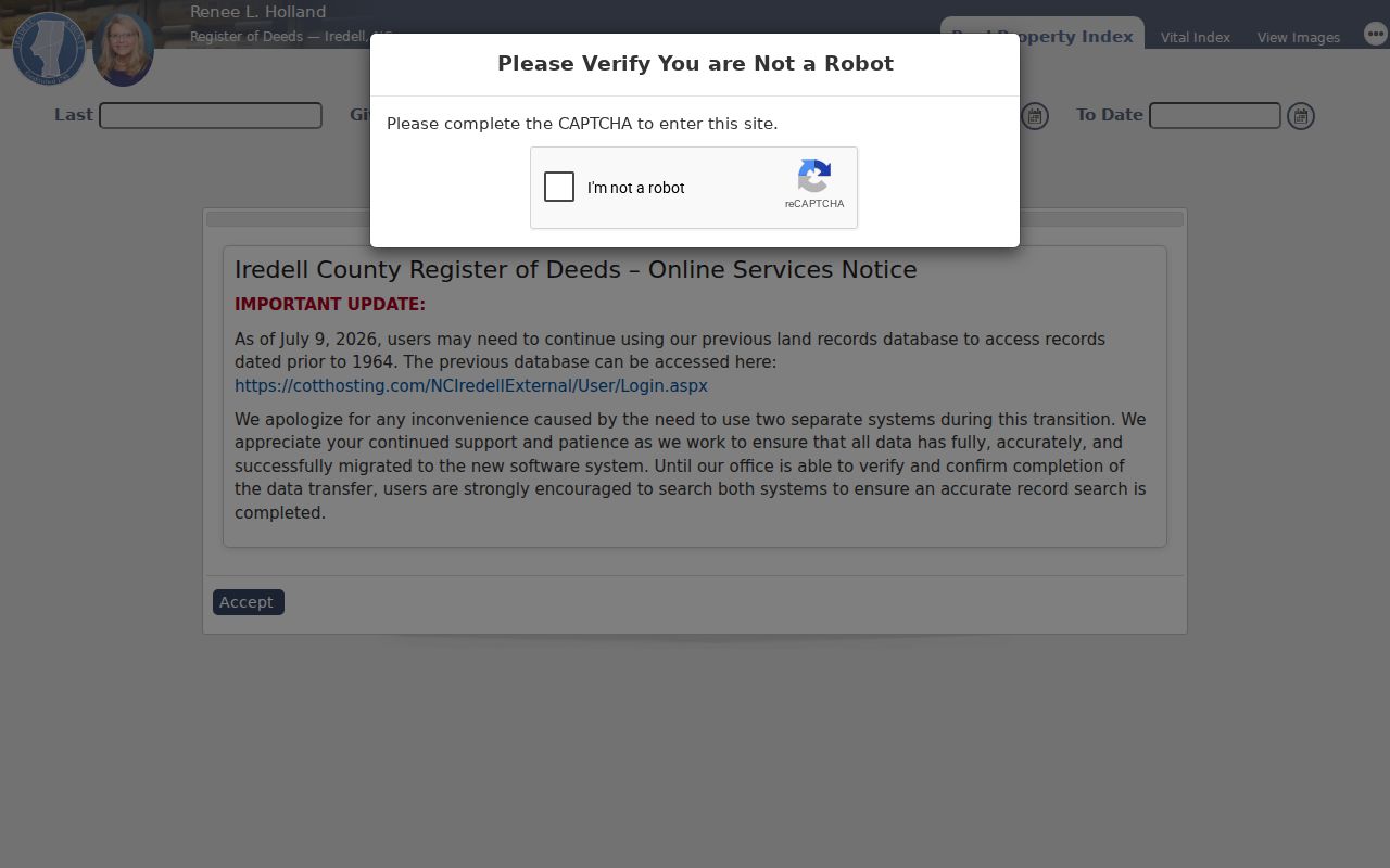Current Iredell Register interface for Mooresville public records